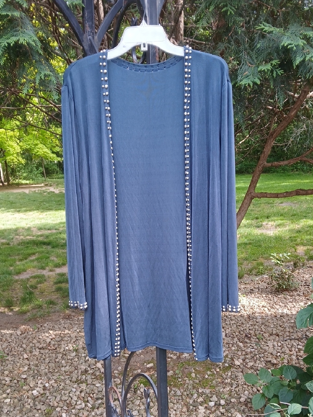 Double D Ranch Open Front Cardigan in navy blue. 94% Acetate Sz L